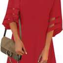 LookbookStore Women Casual Crewneck Mesh Panel 3/4 Bell Sleeve Loose Tunic Dress (XX-Large, True Red)
