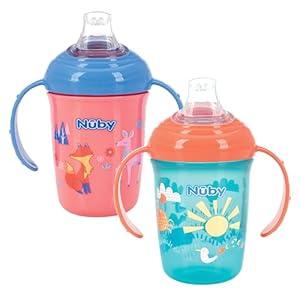 Nuby No-Spill Two Handle Babys First Soft Spout Cup with Hygienic Cover | 2 pack: Aqua Travel & Blue Cars or Aqua Ocean & Pink Animals | 8oz/ 240 ml | 4+ Months | 2 pack