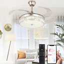 STERREN 42 Inch Crystal Ceiling Fan with Light,Modern Retractable Flush Mount Low Profile Bladeless Chandelier Ceiling Fan with Lights and Remote for Bedroom Living Room Fandelier (Brush Nickel)