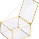 Golden Square Vintage Brass & Clear Glass Decorative Box Home Decor, Small Jewelry Case Box Organizer with Latching Lid, 5x5x3in