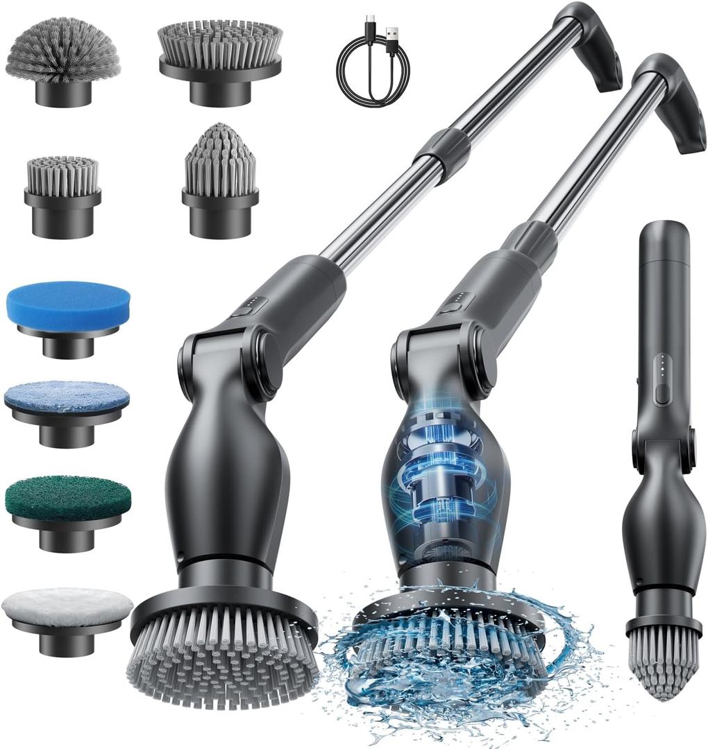 Leebein Electric Spin Scrubber, Cordless Cleaning Brush with 4 Adjustable Angles & 8 Replaceable Brush Heads, 2 Speeds & Remote Control, Long Handle Spin Scrubber for Bathroom Cleaning, Tub, Floor