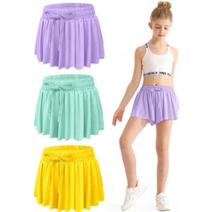 EQSJIU Girls Butterfly Shorts with Spandex Liner Preppy Flowy Athletic Shorts Skirts for Sports, Running, Dance, Cheerleading (10-11 Years, Yellow/Green/Purple)