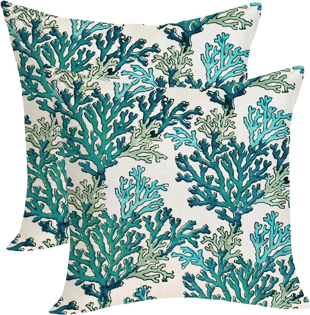 Summer Pillow Covers 18x18 Pack of 2 Coastal Green Blue Coral Throw Pillow Covers Outdoor Branch Ocean Themed Beach Decor Pillowcase Beachy Nautical Linen Cushion Case for Sofa Couch