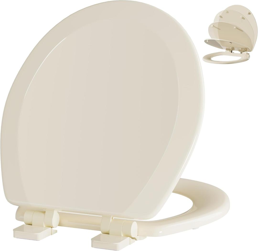 Angol Shiold Quiet-Close Molded Wood Toilet Seat with Non-Slip Adjustable Hinges, Anti-Pinch Bumpers, Easy Install & Clean (Bone, Round 16.5''）