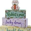 Spring Easter Dec Bunny Wooden Tabletop Decor with Rabbit’s Paw/Luck Draw/Bright Day Signs, Spring Farmhouse Spring Table Decorations for Home Indoor, Green Purple Beige Wood Blocks Set of 4