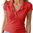 Womens Deep V Neck Tops Casual Cap Sleeve Polo Shirts Collared Button Up Ribbed Knit Tees (L)