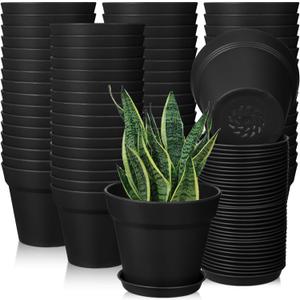 Mumufy 54 Pack 4 Inch Plant Pots Bulk Small Planter with Drainage Hole and Saucer Small Plastic Pots for Flowers Succulent Cactus and All House Indoor(Black)