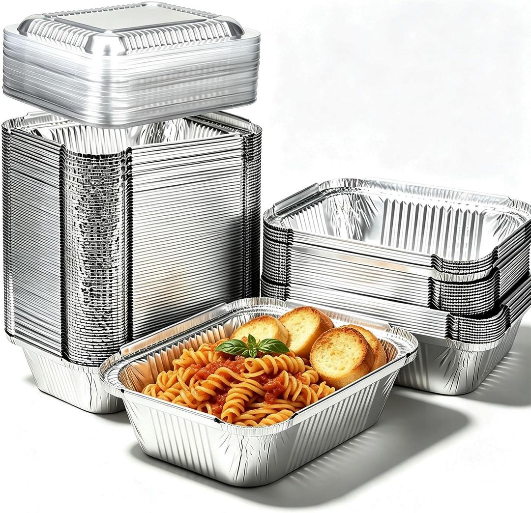 100 Pack Disposable Small Aluminum Pans with Dome Lids,1 Lb Mini Foil Pans | Top Size: 6.5" x 5.2", Tin Foil Takeout Trays Food To Go Containers For Catering, Meal Prep, Baking, Roasting,Freezer Safe