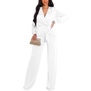 shengfan Formal Jumpsuits for Women Dressy Evening Sexy Deep V Neck Plus Size Long Wide Leg Pants Rompers Clubwear (Large, 049white)