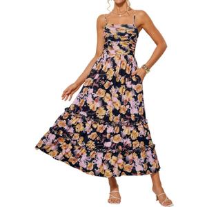 GRACE KARIN 2025 Women's Summer Floral Maxi Dress Casual Sleeveless Ruffle Tiered Wedding Guest Flowy Dresses with Pockets (Medium, Black Orange Floral)