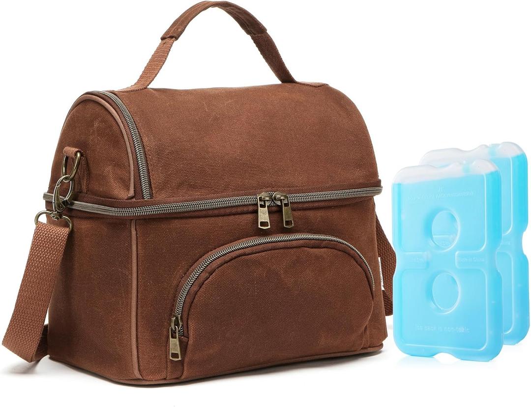 Lunch Box with Ice Packs, Waxed Canvas Lunch Bag for Men, 10.5L Leakproof Insulated Lunch Cooler for Men Work, Dual Compartment Soft Cooler for Work, Camping, Beach & Road Trips (Rustic Brown)