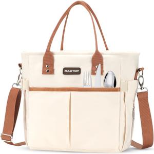 MAXTOP Lunch Bag Women for Work Insulated Thermal Lunch Box with Wide-Open Pocket Reusable Leakproof Cooler Bags with Removable Shoulder Strap for Teacher Nurse Office Picnic Travel (Large, White Light Brown)
