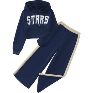 Girls' Clothing Set Crop Top Letter Hoodie Sweatpants Fall Winter Outfits Tween Girl Trendy Clothes Activewear 8-12 (Navy)