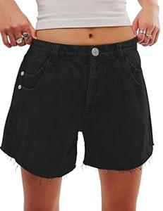 Womens Jean Shorts Mid Waist Stretchy Denim Shorts Women Raw Hem with 6 Pockets (8, Black)