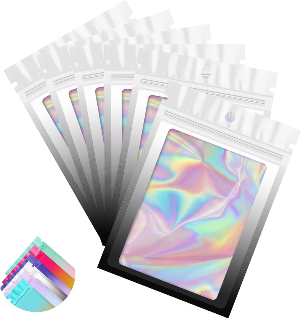Funfery 100 Pack Gradient Holographic Bags,Mylar Resealable Bags with Zipper,Clear Window Packaging Pouch,Smell Proof Bag for Food Storage,Sample Jewelry Baggies(2.73.9in,White Black)