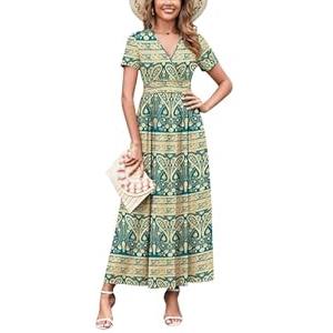 WEACZZY 2026 Summer Long Dresses for Women Wrap Empire Pleated Waist V Neck Short Sleeve Elegant Maxi Dress with Pockets (L, 01 Black)