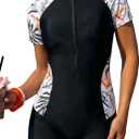 ZAFUL Women's Short Sleeves Rash Guard Boyleg One Piece Swimsuit Zipper Surfing Bathing Suit UPF 50+, Large
