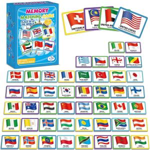 Gisgfim 100 PCS Memory Matching Game Flags of The World Concentration Memory Card for Kids and Adults Learning Educational A Fun & Fast Countries of The World Matching Games