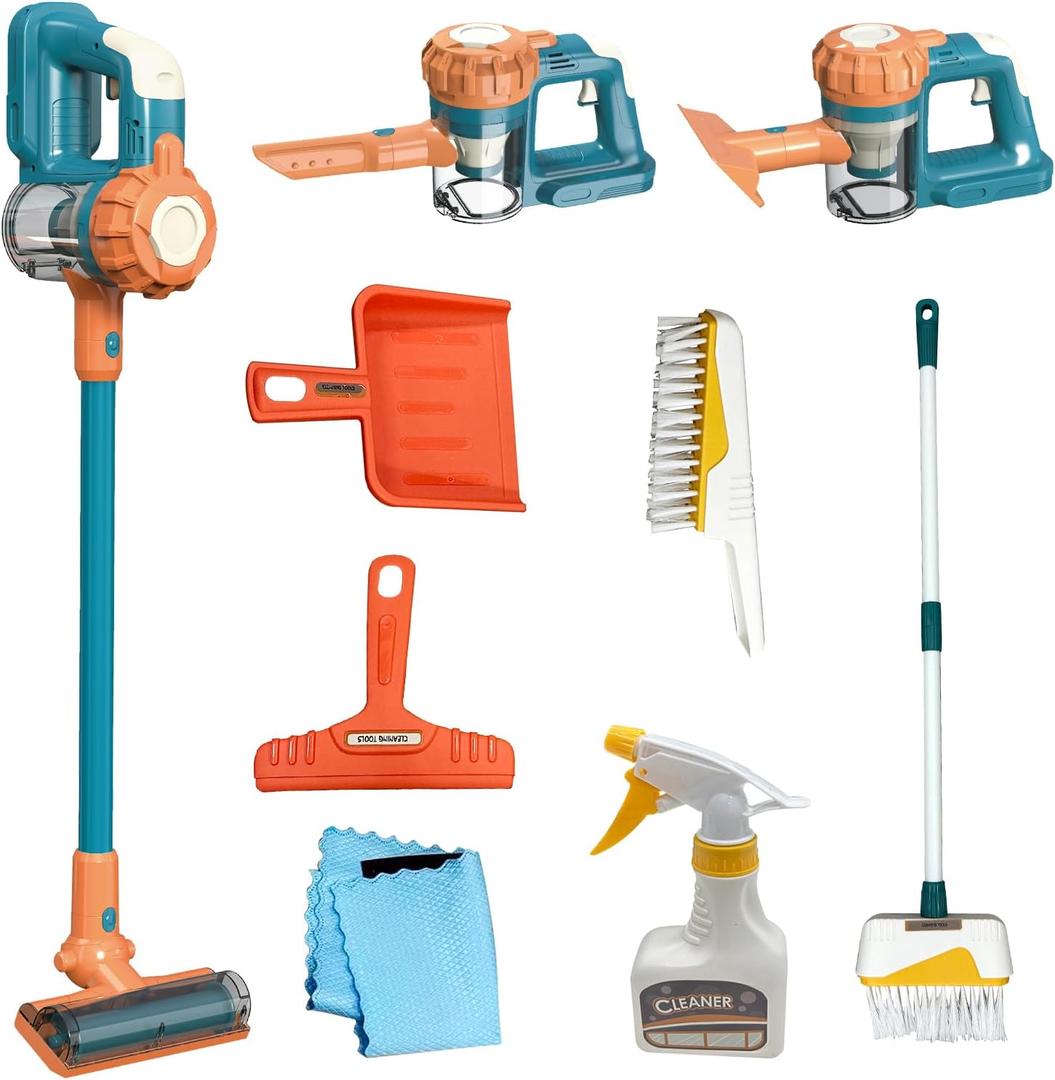 BAYMI Kids Vacuum That Really Works 9Pcs Aged 3+ Kid Cleaning Set for Toddlers Toy Cleaner Kids Broom and Dustpan Set Scrub Brushes Baby Boy Girl Gifts ( 950Blue)