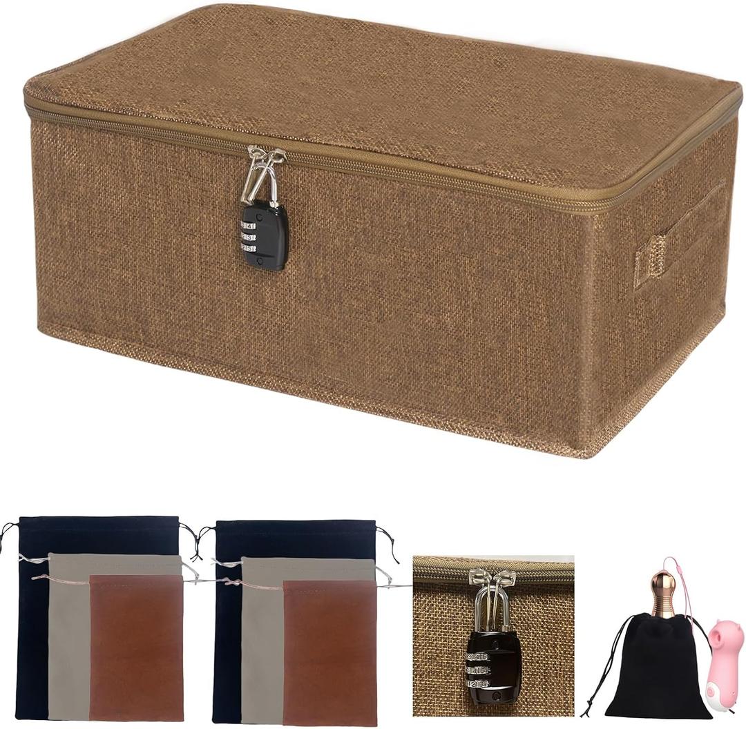 Lockable Adult Toy Storage Organizer Lock Box Toy bags container case with 6 Drawstring Bags 3 Sizes, Large capacity 15 x 10 x 6.3 Inches (Dark Brown)