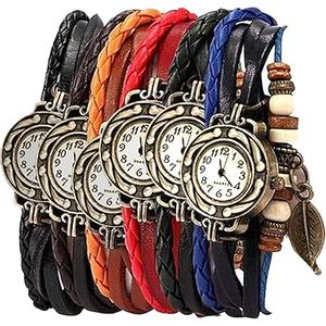 yunanwa Pack of 4 Women's Watches Vintage Wrap Around Bead Leaf Bracelet Quartz Wholesale Set