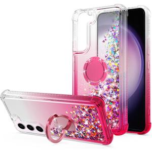 for Galaxy S23 Case,Bling Moving Liquid Floating Sparkle Colorful Glitter Waterfall TPU Protective Case with Rotation Ring Kickstand for S23 [6.1 inch 2023], HotPink