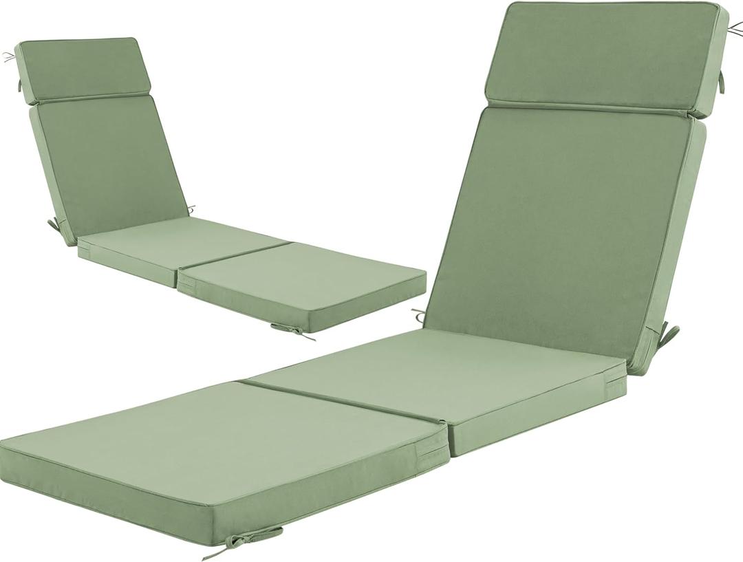 80 x 26 Inch Outdoor Chaise Lounge Cushions Set of 2 - Removable Cover, 4-Section Design, Water-Repellent & Fade-Resistant, 6 Tie Straps, Replacement for Patio & Pool Chairs - Sage Green, 80''x26'' | 2 Pack
