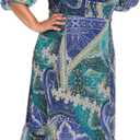 London Times Women's Women's Square Neck 3/4 Sleeve Paisley Midi Dress - Fit and Flare Wedding Guest Dresses (Blue) 18W