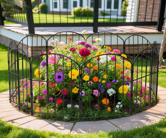 VANCASTLE Decorative Garden Fence Outdoor, Total 10.5ft (L) x 24in (H), Rustproof Metal Landscape Barrier Fence, Black Fence for Yard, Patio Lawn, 8 Panels Black Metal Fencing for Outdoors, 8pcs