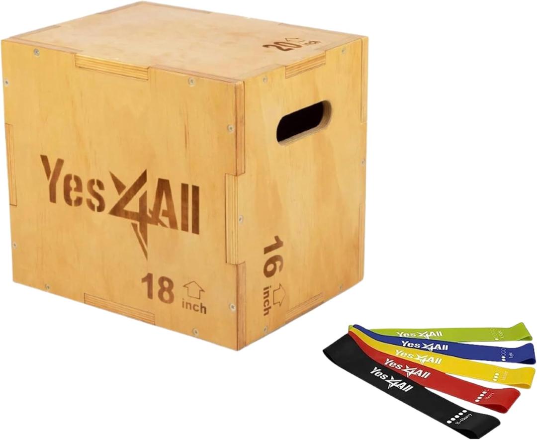 Yes4All 3-in-1 Wooden Plyo Box with Resistance Loop Bands- Plyometric Jump Box for Home Gym and Outdoor Workouts, 450 lbs Box Jump,20" x 18" x 16"