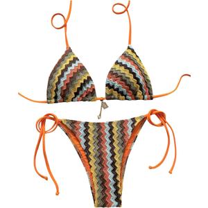 Women's Colorful Striped Halter String Bikini Set 2 Piece Tie Side Triangle Swimsuits Textured Swimwear (L)