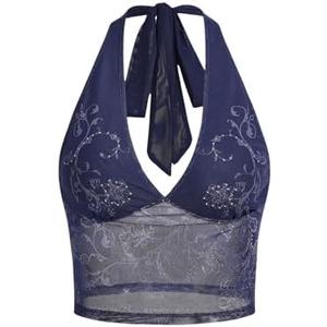 COZYEASE Women's Y2K Sheer Mesh Tie Back Halter Top Floral Print Rhinestone Cami Tops Backless Crop Tee XL