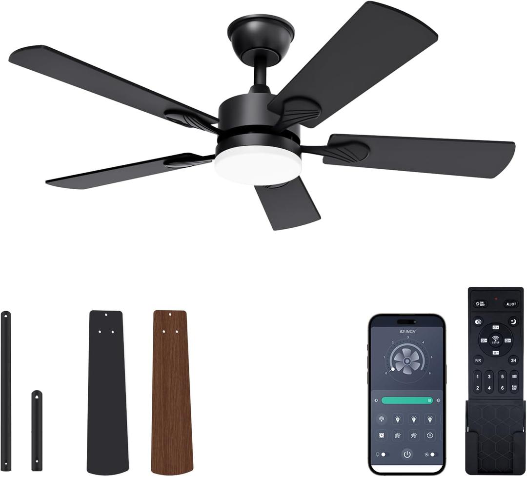 VOLISUN Ceiling Fan with Light, 42 inch Flush Mount Ceiling Fan with Lights and Remote, Dimmable LED Fan Light, Low Profile Ceiling Fan, Black Modern Ceiling Fan for Bedroom, Indoor/Outdoor