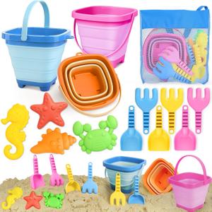 Dreamon Beach Toys for Kids 3-10, Collapsible Sand Castle Toys for Beach Include 3 Pack Foldable Buckets, Shovels Molds and Storage Mesh Bag, Sandbox Travel Toy for Toddlers Kids, Medium, Small