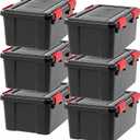 IRIS USA WeatherPro 19 Qt Storage Bins with Lids, 6 Pack, BPA-Free Plastic Gasket Box with Tight Latch and Seal, Stackable Nestable Tote Tub - Black/Red