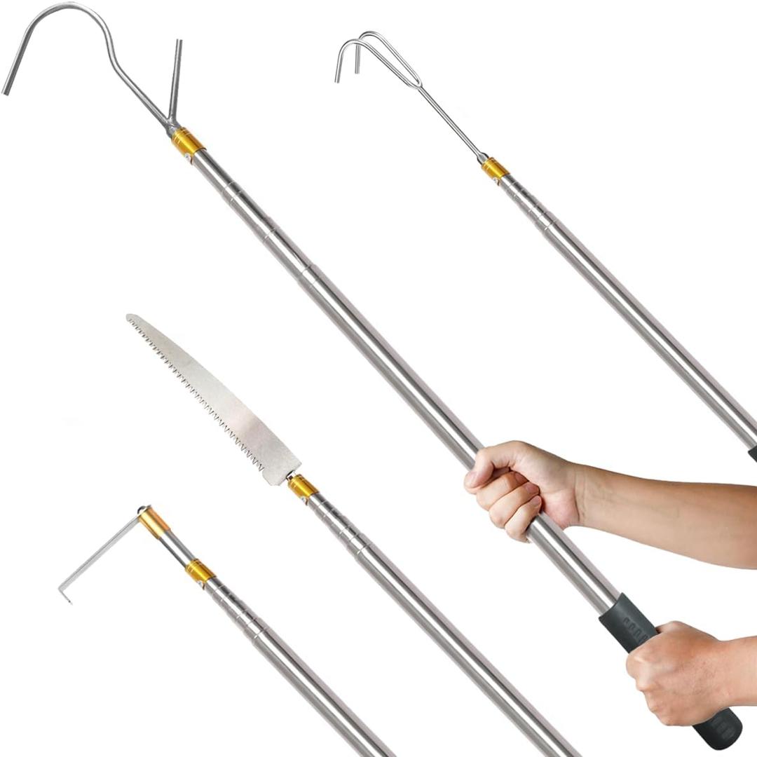 2 Pack Truck Cargo Grabber Truck Bed Accessories, 17 to 69 Inch Extended Adjustable Grabber Tool 2 Heavy Duty Telescoping Pole with 3 Hooks and a Saw, Multifunctional Pickup Reach Tool