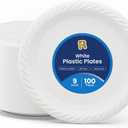 R-kay 100 Pack 9 Inch Plastic Plates Disposable - Heavy Duty 9 Inch White Disposable Plates - Microwavable Disposable Plastic Plates