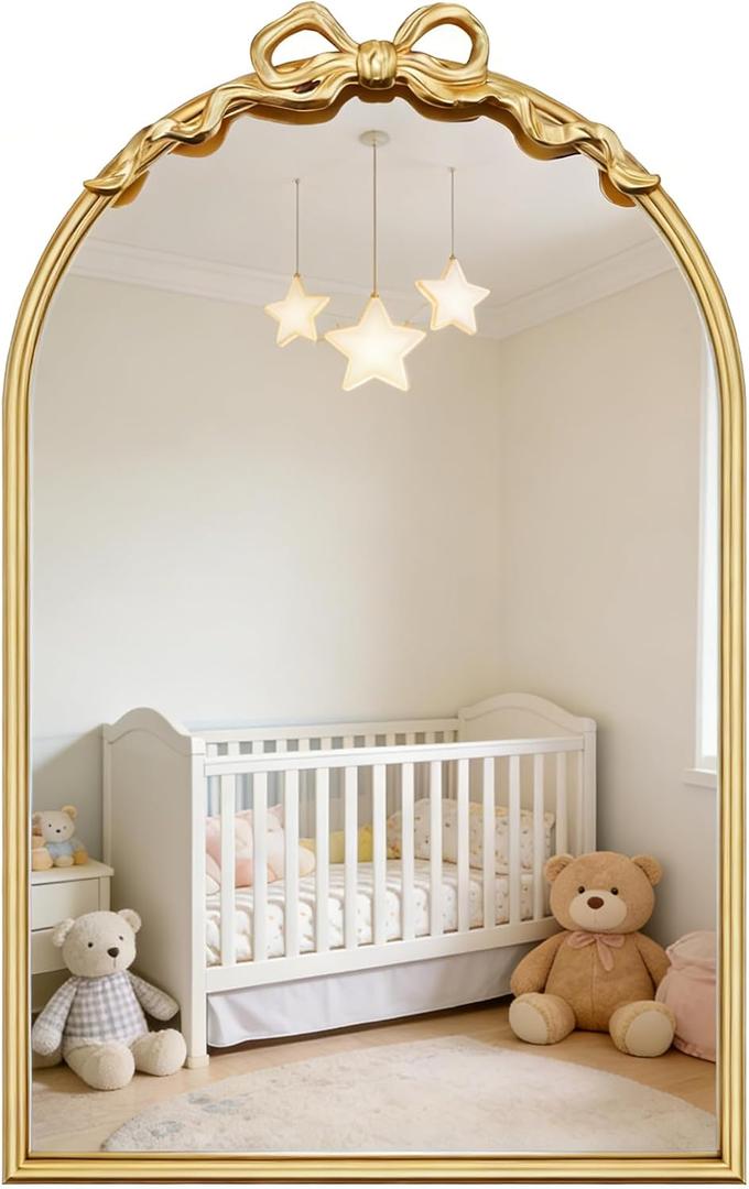 PERHOM Bow Mirror for Nursery, 16"x25" Arched Gold Mirror with Metal Frame,Baroque Decor Mirrors for Girls Room,Bathroom, Hallway,Living Room