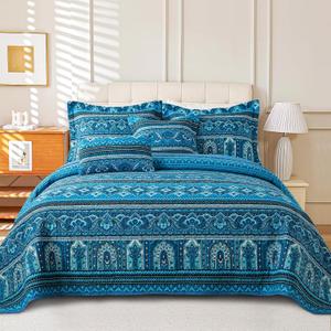 VAPUTAR Cotton Quilt Queen Size Bedding Set - 3 Pieces Queen Quilt Bedding Set, Boho Queen Size Quilts, Lightweight Reversible Coverlets Bedspreads for Farmhouse Bedroom (Blue) (Queen (90" 98")