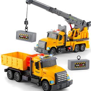 2Pcs Large-Size Construction Engineering Truck Toy Set,Lifting Arm Crane & Lifting Transport Truck Construction Toys,for 3 4 5 6 7 Year old Boys Kids Toddlers Birthday Christmas Gift