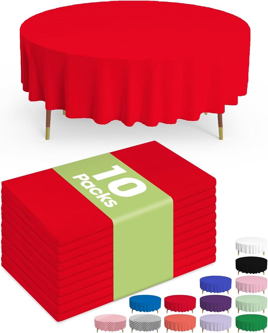 Pureegg Plastic Table Cloth Disposable - 10 Pack, Disposable Table Cloths for Valentines Day Decorations, Weddings, Valentines Round Tablecloths, 84'' Red Plastic Tablecloth, Leakproof & Sturdy, Red (84" Round)