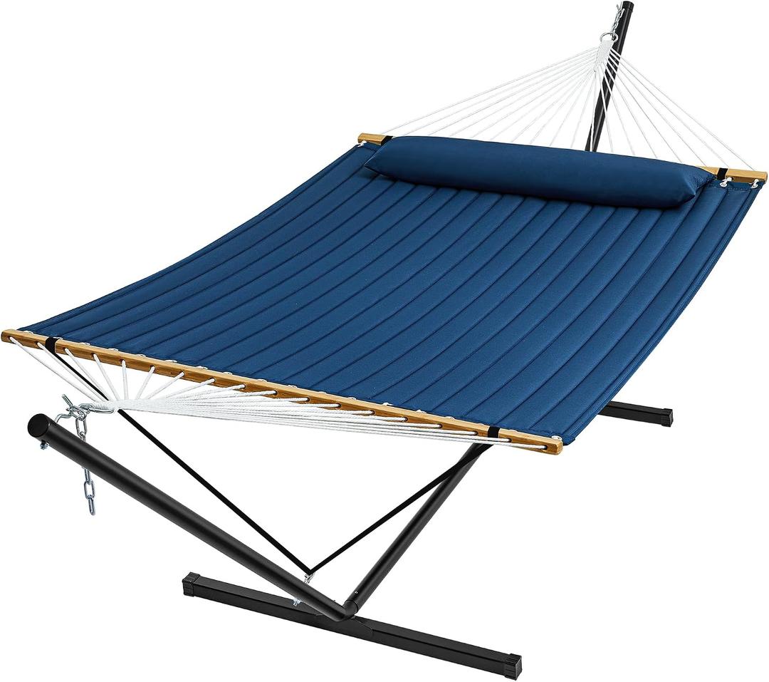 SUPERJARE Hammock with Stand, 2 Person Quilted Outdoor Hammock, Detachable Pillow & Bamboo Spreaders, Portable Hammock with Carrying Bag, Heavy Duty Stand, Perfect for Outside, Patio, Navy Blue