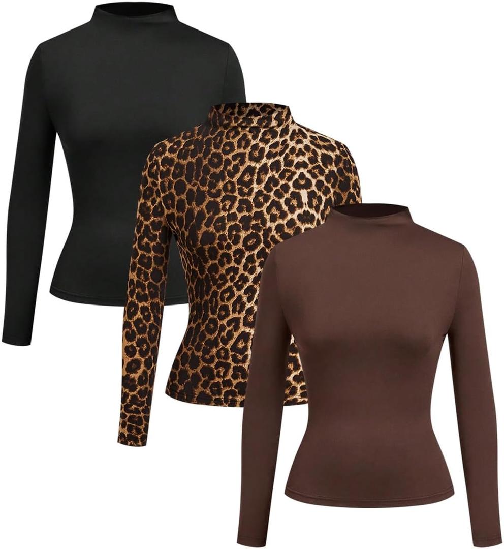 RoseSeek Women's 3 Pack T Shirts Cheetah Mock Neck Long Sleeve T Shirt Slim Fit Fall Tops Multicolor Medium