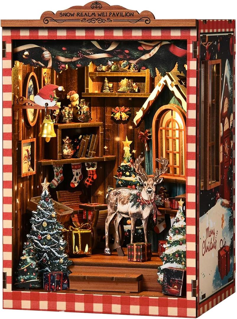 Christmas Book Nook Kits for adults-3D Wooden Puzzles DIY Miniature House Kit Bookshelf Decor with LED Lights Creative Bookend Craft Doll House for Teens & Adults-Ideal Gift for Family & Friends