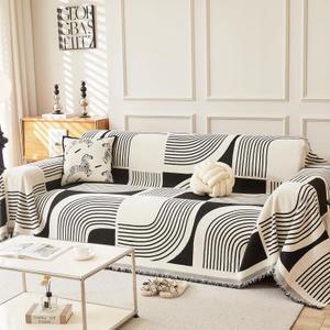 Boho Chenille Couch Cover with Tassels, Bohemian Sofa Cover for 3 Cushion Couch, L-Shaped Sectional, Loveseat, Futon, 2 3 4 Seater (71" x 150", Black) (First-black)