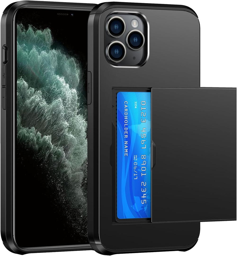 Wallet for iPhone 11 Pro Max Case with Card Holder Dual Layer Military Grade Protective Shockproof Hidden Card Slot Slim Fit Phone Cover - Black