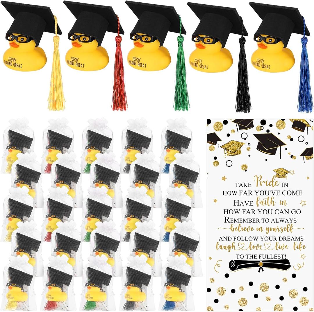 Deekin 30 Sets Graduation Rubber Ducks Thank You Gift Set You're Ducking Great Cheer up Cards Graduation Mini Rubber Ducks with Glasses and Hats with Card Organza Bags Bulk Students Coworkers(Grad)