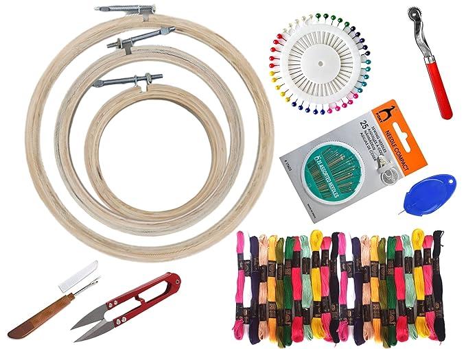 Embroidery Kit Cross Stitch Kit DIY Kit: Embroidery Hoop Frames, Threader, Floss Skein Thread, Thread Cutter, Tracing Wheel, Seam Ripper and Needle Compact