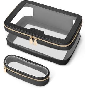 Travel Clear Makeup Bag with Makeup Brush Bag, Leather Makeup Case Toiletry Bag, Portable Cosmetic Bag Case, Transparent Waterproof Cosmetic Organizer Storage Bag for Women, Black