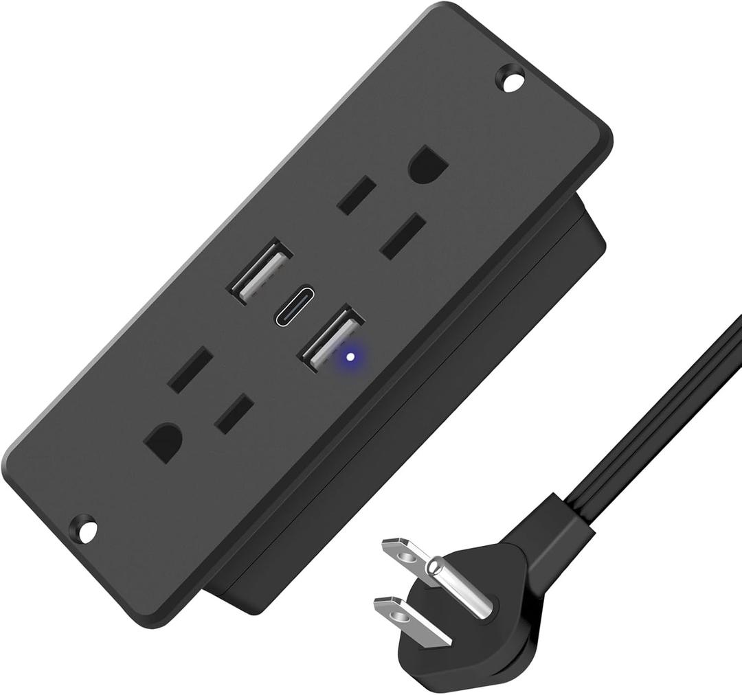 HHSOET 5 in 1 Recessed Power Strip Flat Plug, 20W Fast Charging Furniture Outlet with USB, Conference Recessed Socket with 2 AC Plugs, 2 USB Ports 1 USBC, 6ft Power Cord. (Black)